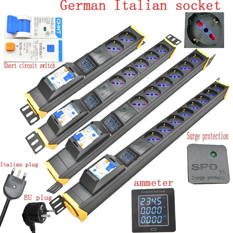 PDU power strip network cabinet rack 1-8 AC German Italian socket 2M line 360 rotating bracket  ammeter Surge protection