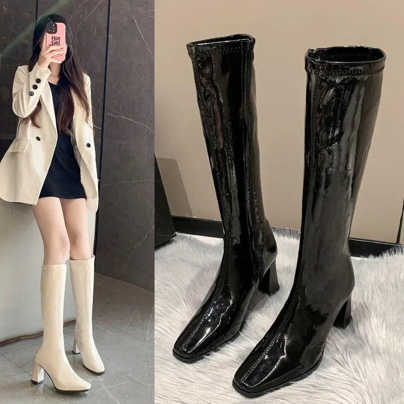 Botas Luxury Women Boot Autumn Winter Simple Thick Heels Long Boot Elegant High Boot Fashion Knight Boot Leather Boot Women Shoe