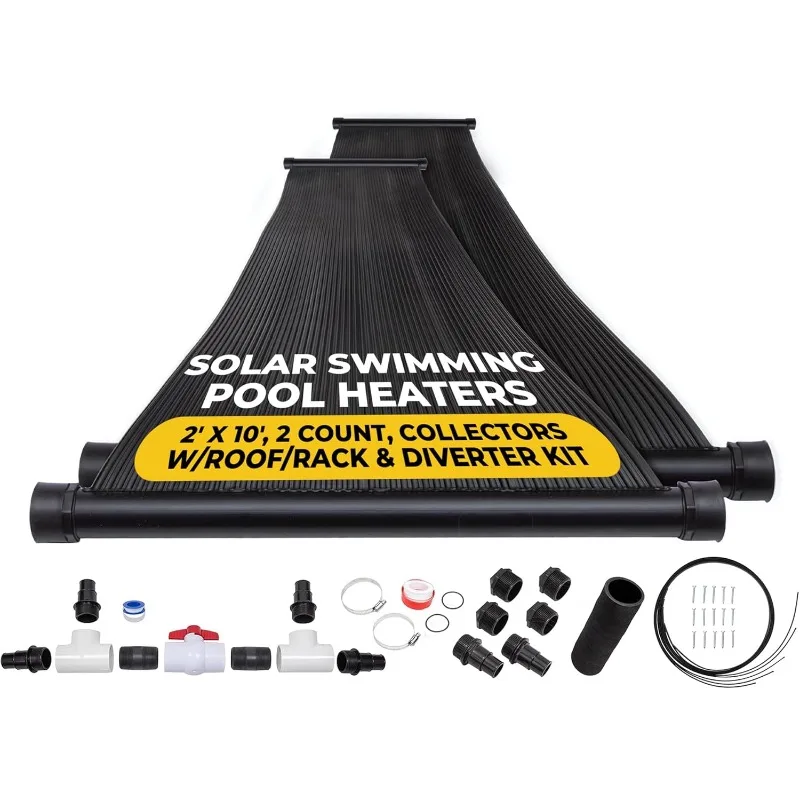 SunQuest Solar Pool Heater Panels - 2 (2ft x 10ft) Collectors w/Roof/Rack & Diverter Kit - for Above Ground & Inground Pools