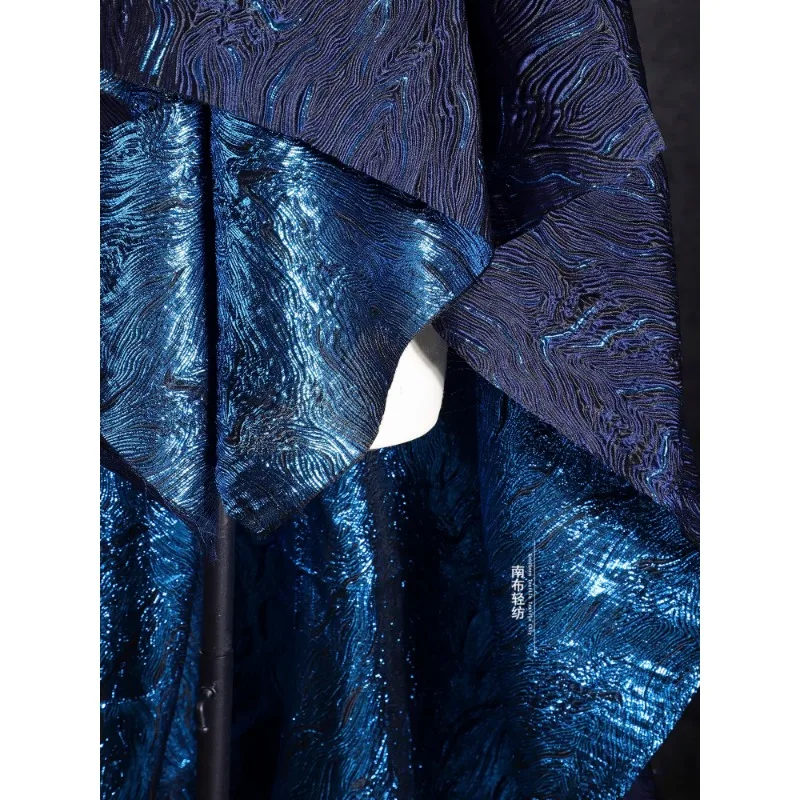 Deep Blue Sea Gold Silk Shimmering Jacquard Cotton Fabric Pleated Three-dimensional Texture Coat Suit Clothing Designer Fabric