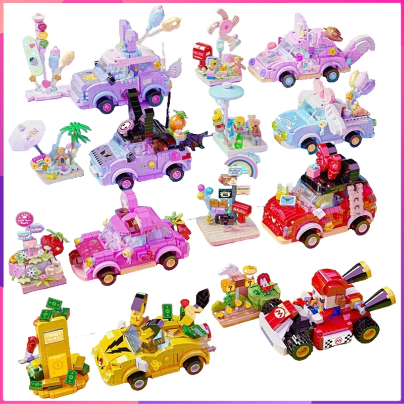 

Kawaii Cartoon Car Building Blocks Desktop Decoration DIY Educational Puzzle Assembling Model Toys Birthday Gifts for Kids