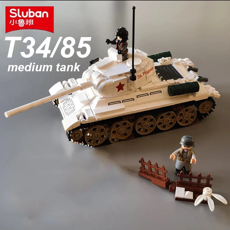 Sluban 518PCS T34-85 Medium Tank Building Blocks Diy WW2 Tank Chariot Soldier Figures Model Bricks Set Toys For Children Gifts