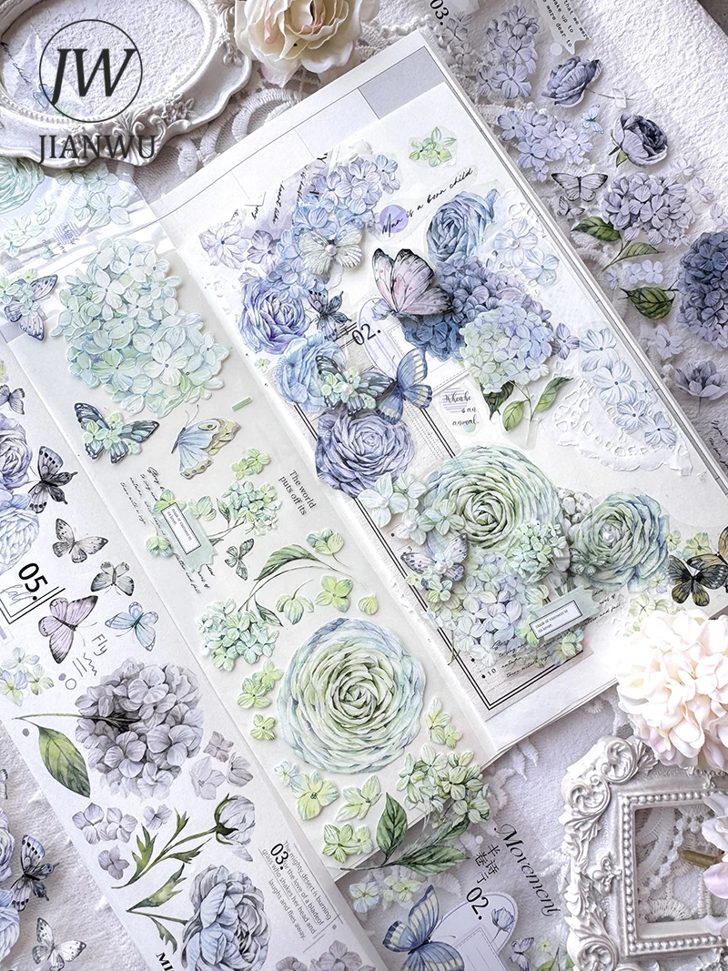 JIANWU 60mm*6m Vintage Hydrangeas Flower Butterfly Landscape Material Collage Scrapbook PET Tape Creative DIY Journal Stationery