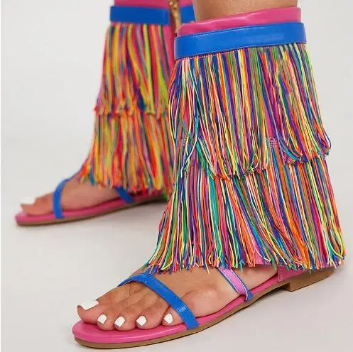 Drop Shipping Black Rainbow Tassel Fringed T Strap Round Toe Zipper Side Flat Mid-calf Sandals Boots Women Beach Shoes Lady