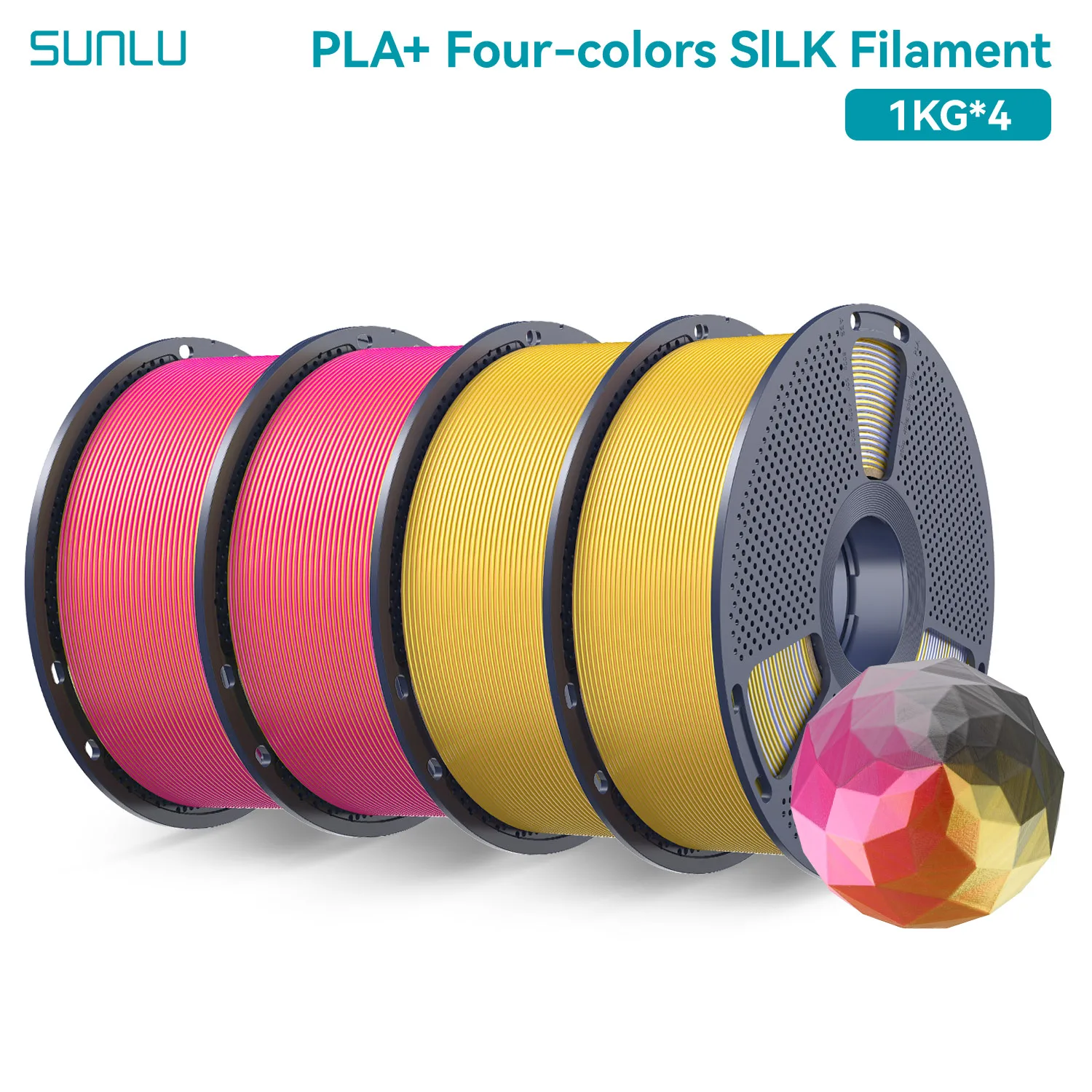 SUNLU 4KG viervoudig kleuren zijdefilament, zijde 3D-printer 1,75 mm, dimensionale nauwkeurigheid +/- 0,02 mm, 1 kg spoel (2,2 lbs), 4 rollen