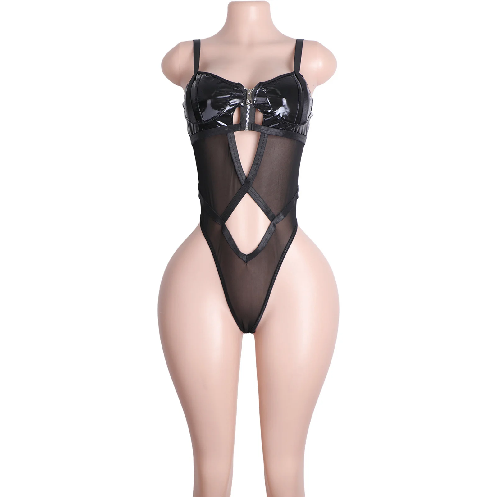 Women's Leather Fishnet Sheer G-String Strappy Pole Dance Outfit Exotic Performance Costume Sexy Clubwear for Adults