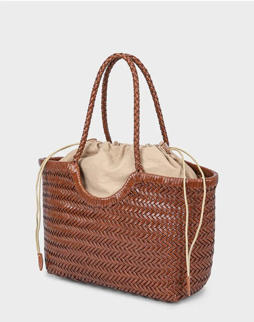 Hand-woven Genuine Leather Woven casual vegetable basket bag with Casual Woven Inside Bag Shoulder Underarm Tote Bag