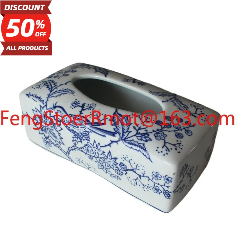 New Chinese blue and white porcelain ceramic tissue box ornament, retro home living room home coffee table paper box ornament