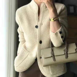 European Pure Cashmere Wool Cardigan for Women, Stand Collar, Thickened Sweater, Loose Knitted UndercoatTopNewAutumn and Winter