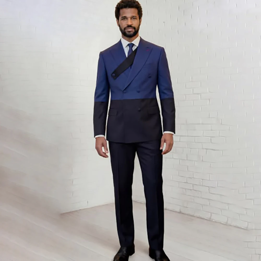 Smart Men's Blue & Black Color Block Suit Double Breasted Formal Tuxedo for Wedding Evening Banquet Party Attire Prom Costume