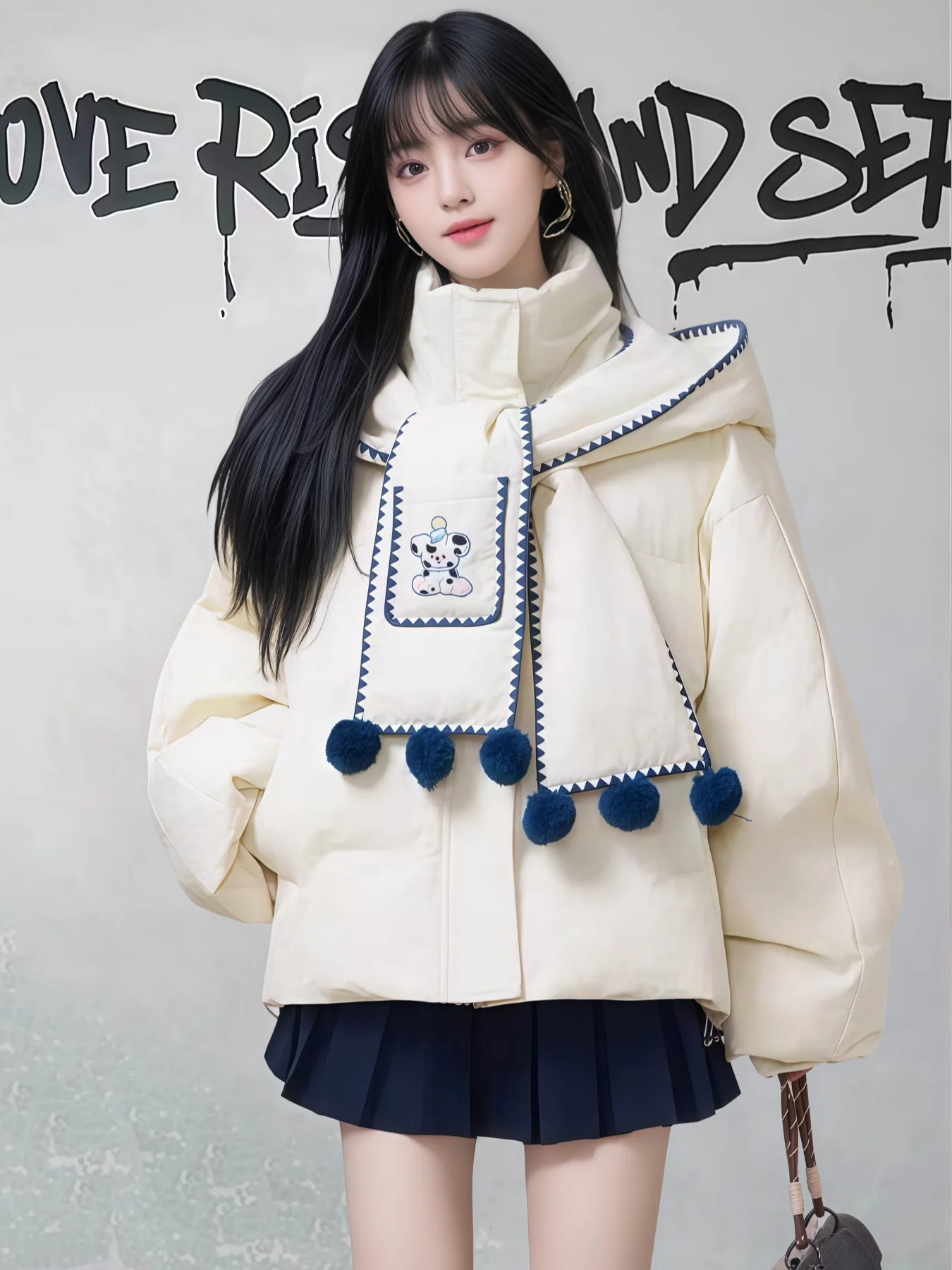 وشاح قابل للفصل سترات بيضاء بقلنسوة من القطن سترات باركاس للنساء شتوية حلوة على طراز بريبي بياقة واقفة معاطف قصيرة دافئة سميكة