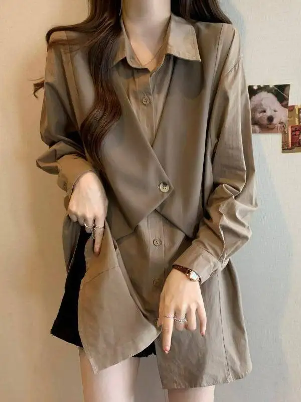 

Loose plus Size Women's Shirt Vest Spring Autumn Thin Design Sense Splice Shirt Women's Long Sleeve Collar Mid-Length Coat