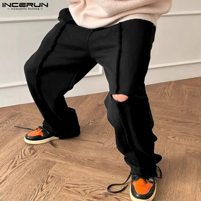 INCERUN 2025 брюки в корейском стиле, модные мужские свободные брюки с завязками, прямые брюки, повседневная уличная одежда, мужские однотонные брюки