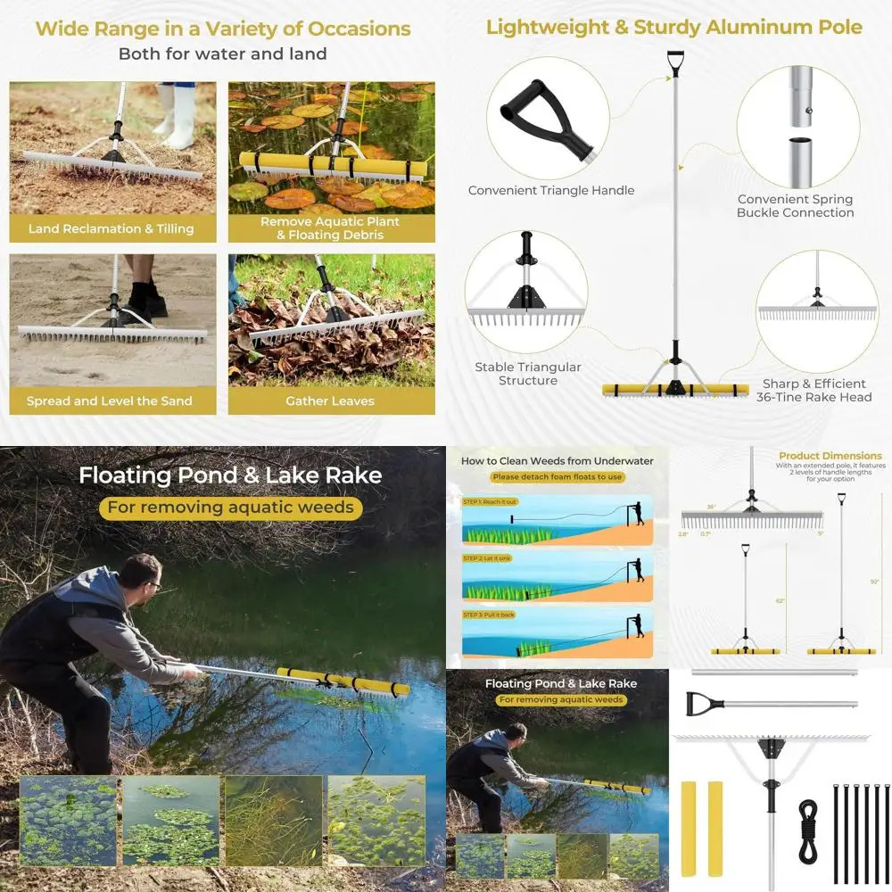 Rastrillo para Eliminar Malezas Ajustable de 36 Puntas con Mango Desmontable, Flotante para Recoger Hojas y Residuos Fácilmente