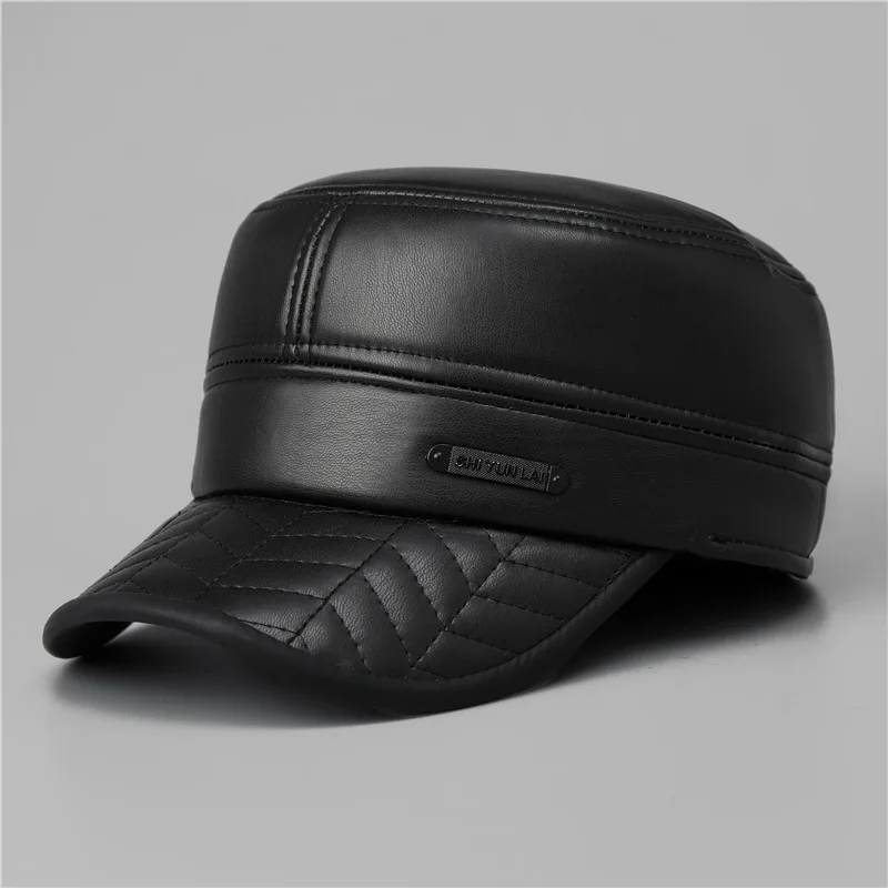 Winter Men's Cold Warm Baseball Cap Padded Thick Grandfather Leather Cap Casual Ear Protection Duck Tongue Hat Leather Flat Hat