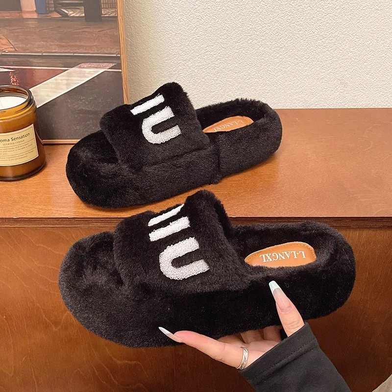 Wear Versatile Warm Winter Slippers Women Outer Velvet Cotton Winter Slippers Thick Bottom Word with Velvet Slippers Women