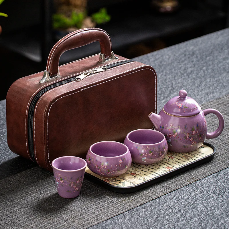 

Purple Porcelain Ru Kiln Kung Fu Tea Set Chinese Ceramic Portable Travel Outdoor Household Brewing Teapot Tea Cup Set Gift Box