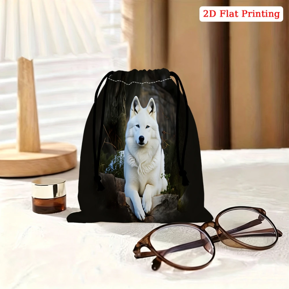 1Pc Fashion Drawstring Bag Black White Wolf Print Storage Small Pouch Travel Gym Sports Organizer For Men Women Lightweight Port