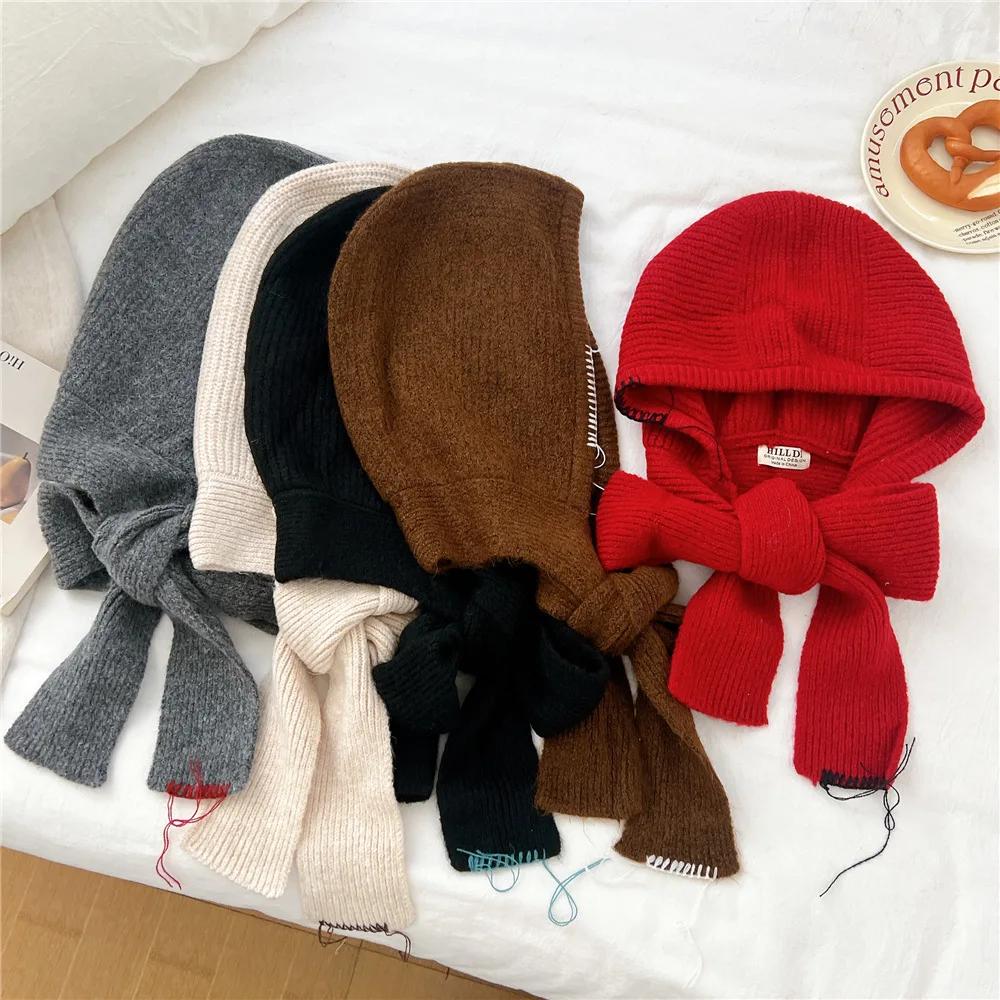 Solid Color French Hat Scarf Combo Winter Neck Warmer Knitted Pullover Hat Versatile Ear Protection Wool Hat for Men and Women