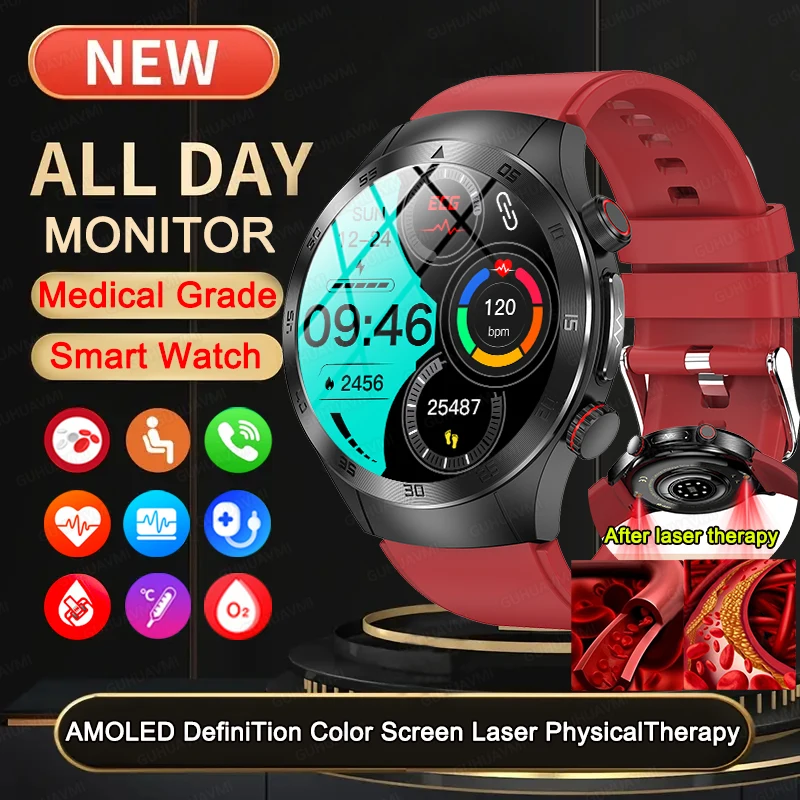 2024 New Men Iaser Therapy Noninvasive blood glucose blood fat  Smart Watch Uric Acid ECG+PPG Bluetooth Call Health Smartwatch