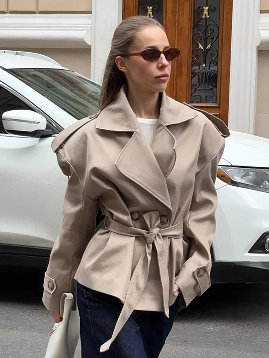

Women's New Autumn Fashion Khaki Trench Long Sleeve Belted Temperament Lapel Jackets Waist Cinching Trench Coat