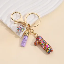 Resin Lucky Number 1 4 7 Fringe Keychain Round Ball with Many Little Colorful Star Charms for Women Bag Jewelry Accessory