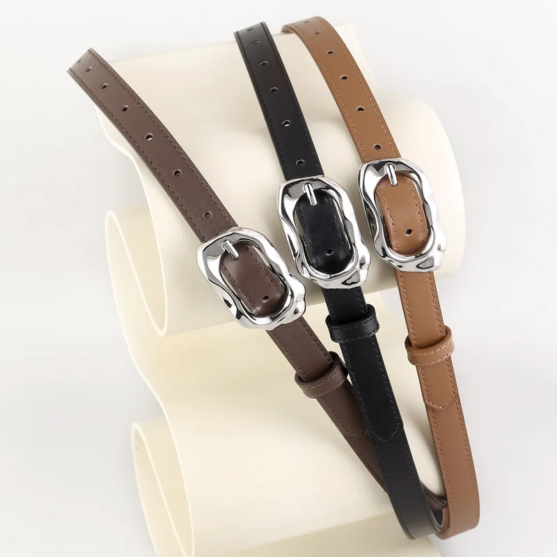 Luxury Design Irregular Silver Buckle Waist Belts Full Grain Leather Women Jeans Strap All-match Genuine Cow Leather Ceintures