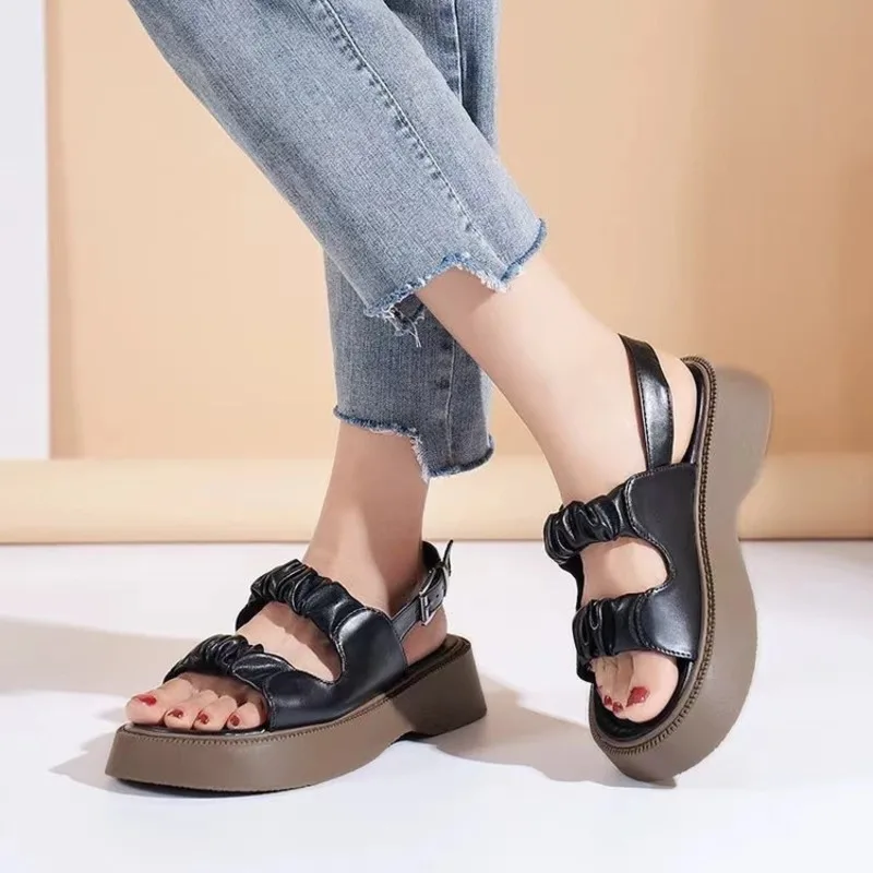 Women's Beach Sandals 2024 Spring New Comfort Women Matching Skirt Thick Sole Middle Heel Korean Shoes Fashion Trend Design