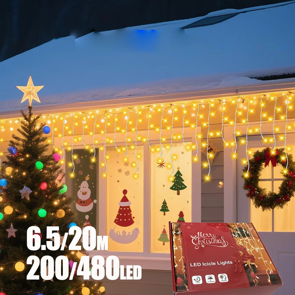 20M 480LED ijspegelgordijn lichtslingers Kerstmis 40 druppels 8 modi, plug-in waterdicht voor vakantie bruiloft huis tuin