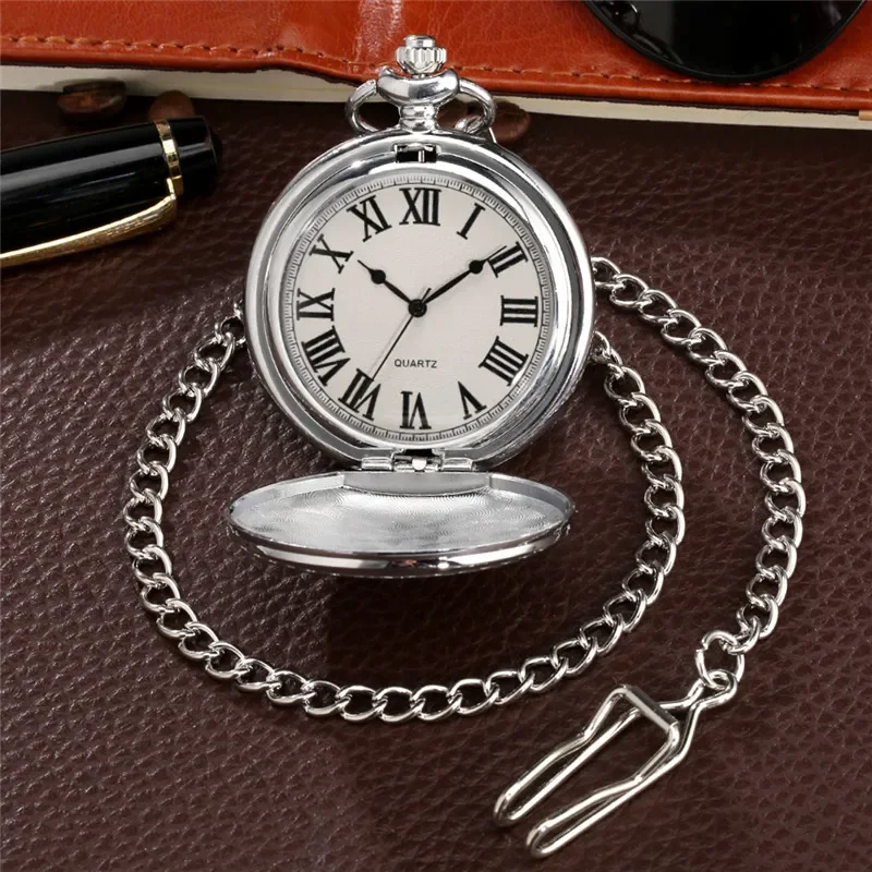 Silver Smooth Case Roman Number Display Quartz Analog Pocket Watch for Men Women Necklace Pendant Chain Reloj De Bolsillo Gift