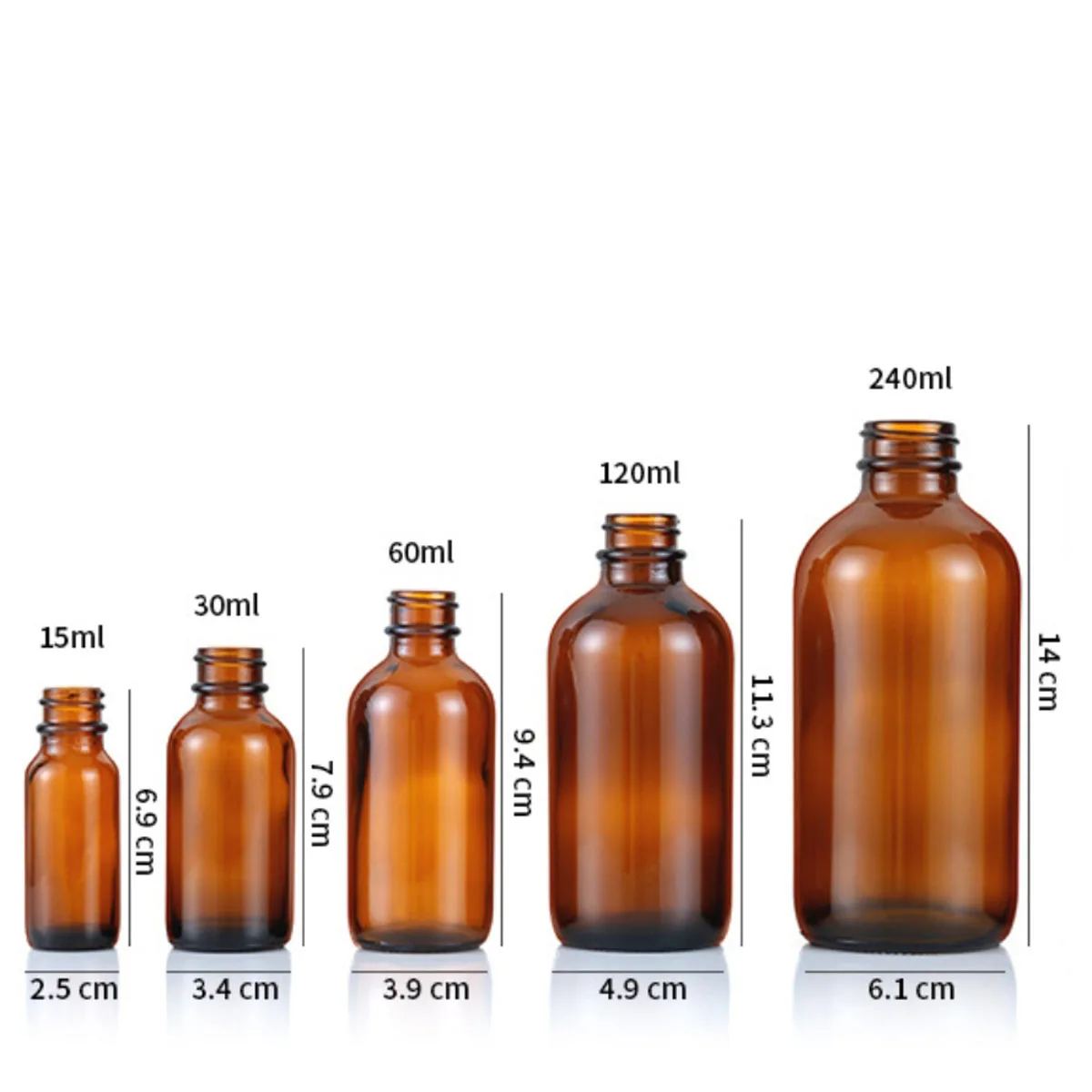 AMBER Dram Glass Bottle, Tampas de rosca com tampas herméticas do Cone Liner, 15ml 30ml 60ml 120ml 230ml