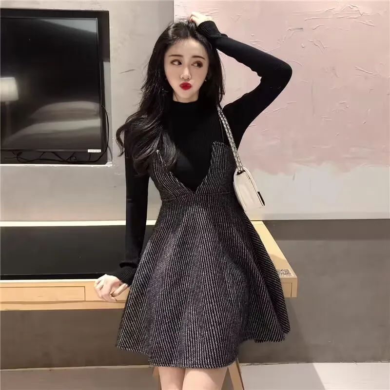 2024 Pullover Slip Kleid Anzug sexy V-Ausschnitt Kleid Strick pullover 2 Stück Set neue Frühling Herbst Kleid Anzug koreanische Kleidung Anzug