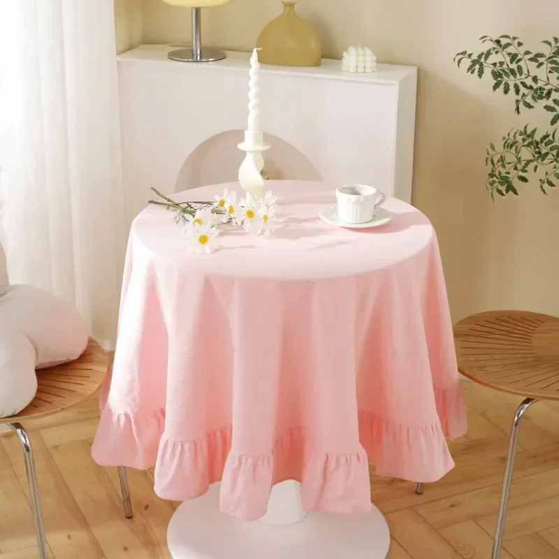

Cotton Linen American Solid Ruffle Edge Round Table Cloth Fabric Coffee Cafe Decor Table Cover Room Decor Aesthetic
