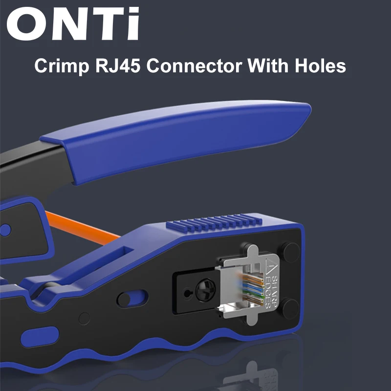 ONTi RJ45 Pass Through Crimper Tool and Rj45 Connector, Ethernet Crimper Crimping Tool Wire Stripper Cutter for Cat6a Cat5