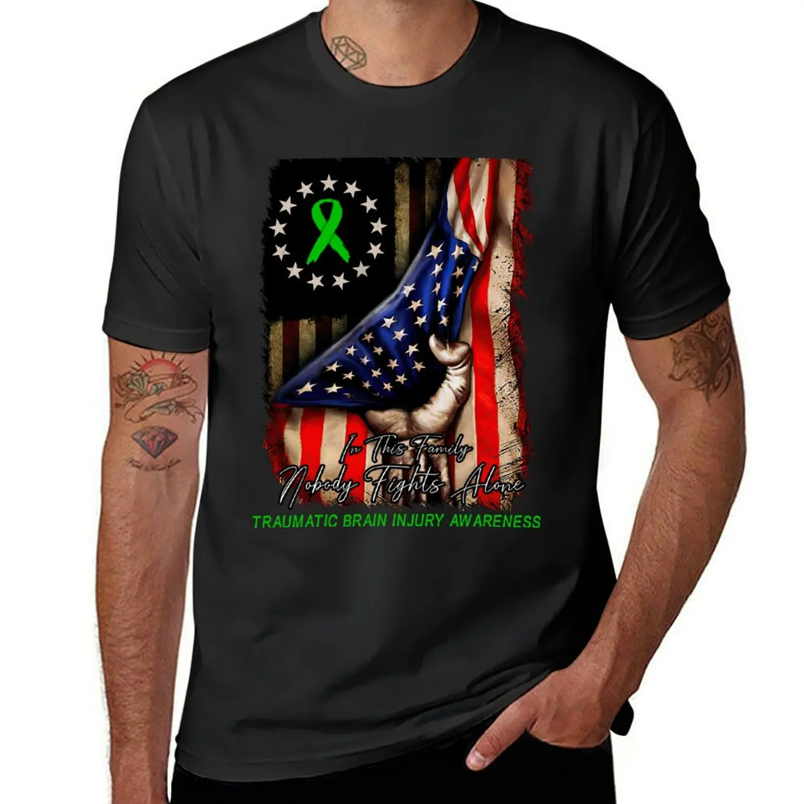 Distressed American Flag Nobody Fight Alone Traumatic Brain Injury Awareness T-Shirt sweat oversizeds customs Men's t-shirts