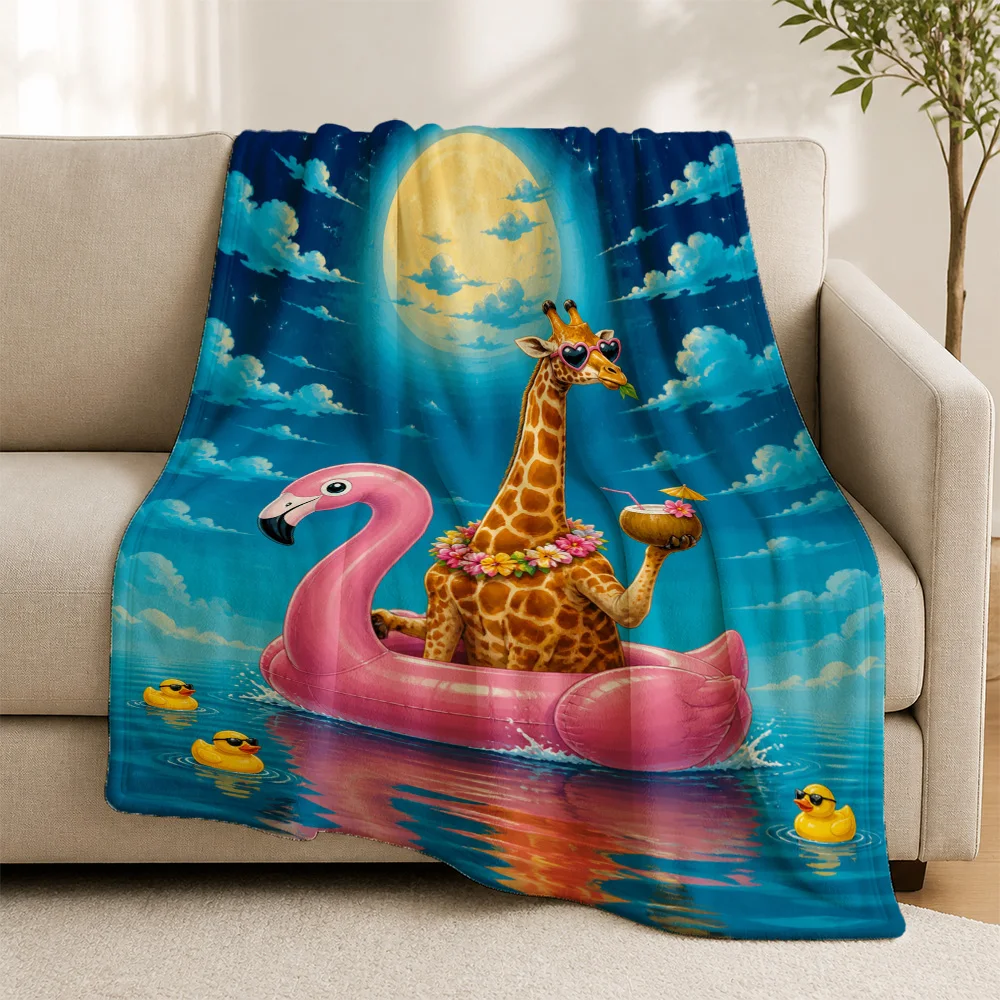 Adorable Cartoon Giraffe and Flamingo Throw Blanket Sofa Decor Tropical Jungle Safari Theme Cozy Knit Throw Blanket for Nursery