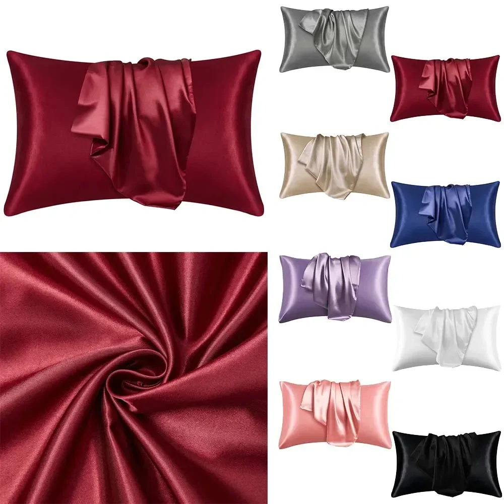 

2pcs Silk Pillowcase Pure White/Black/Grey/Khaki/Blue/Pink/Sliver Bed Pillow Covers Luxury Cases Home Bedding Decor