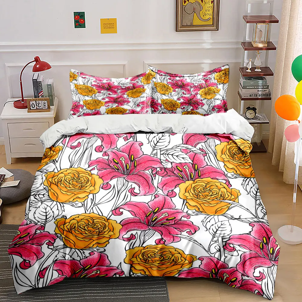 

Vibrant Rose and Lily Pattern Print Bedding Set 1 Duvet Cover 2 Pillowcases for Adult and Children Luxury Gift Full Size