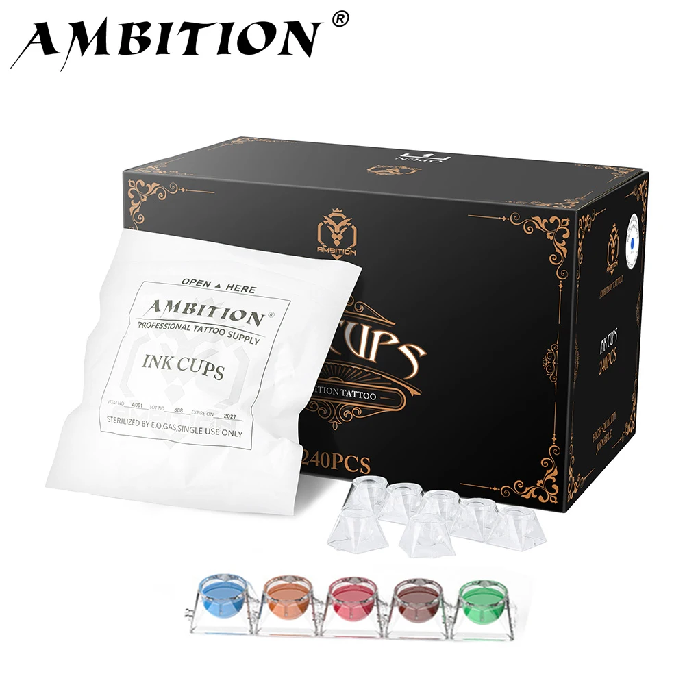 Ambition 240pcs Tattoo Ink Cups 1.2ML Disposable PC Plastic Pigment Clear Holder Container Caps Permanent Makeup Tattoo Supply