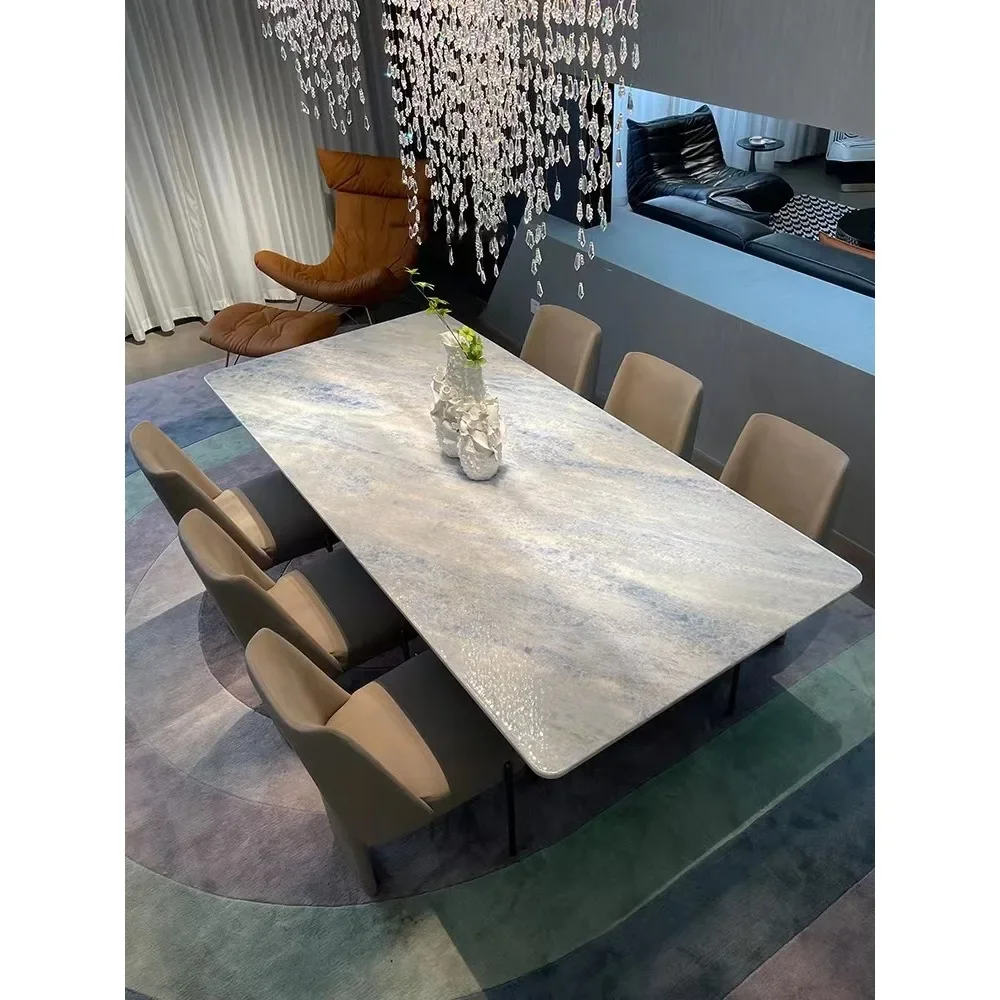 Luxury stone blue crystal dining table Italian minimalist villa luxury mansion high-end natural marble rectangular dining table