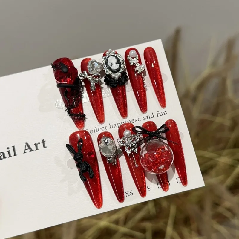 

10 Pieces Black Snake Love Rabbit Crystal Balls Handmade Press On Nails Wine Red Cat Eye Long Art Fake Nails Removable Reusable