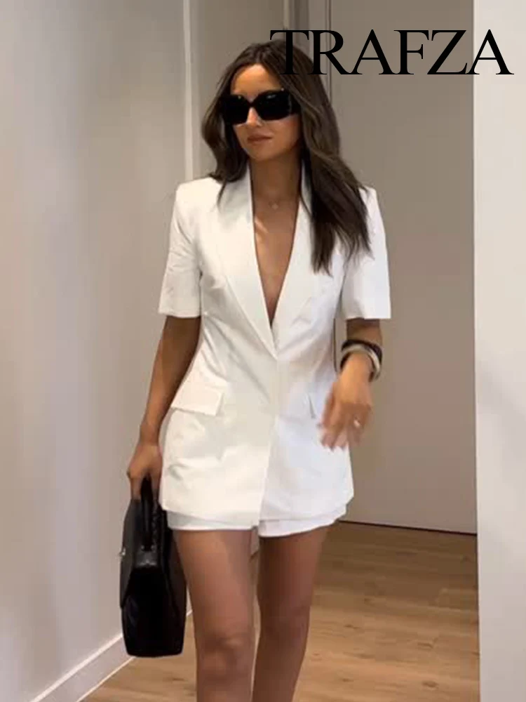 

TRAFZA Women 2-Piece Set Lapel Solid Single-breasted Short Sleeve Suit Jacket+High Waist Zipper Simple Pockets Summer Shorts