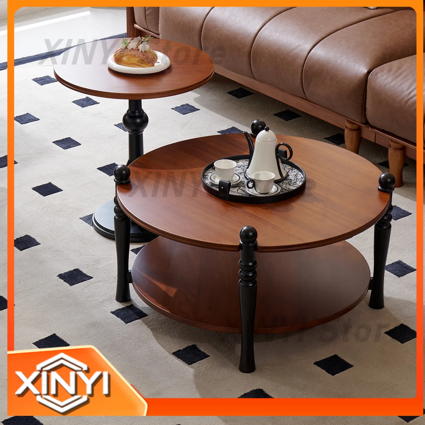Round Coffee Table for American Retro Style Solid Wood Living Room Small Apartment Eco-Friendly Double-Layer Side Table
