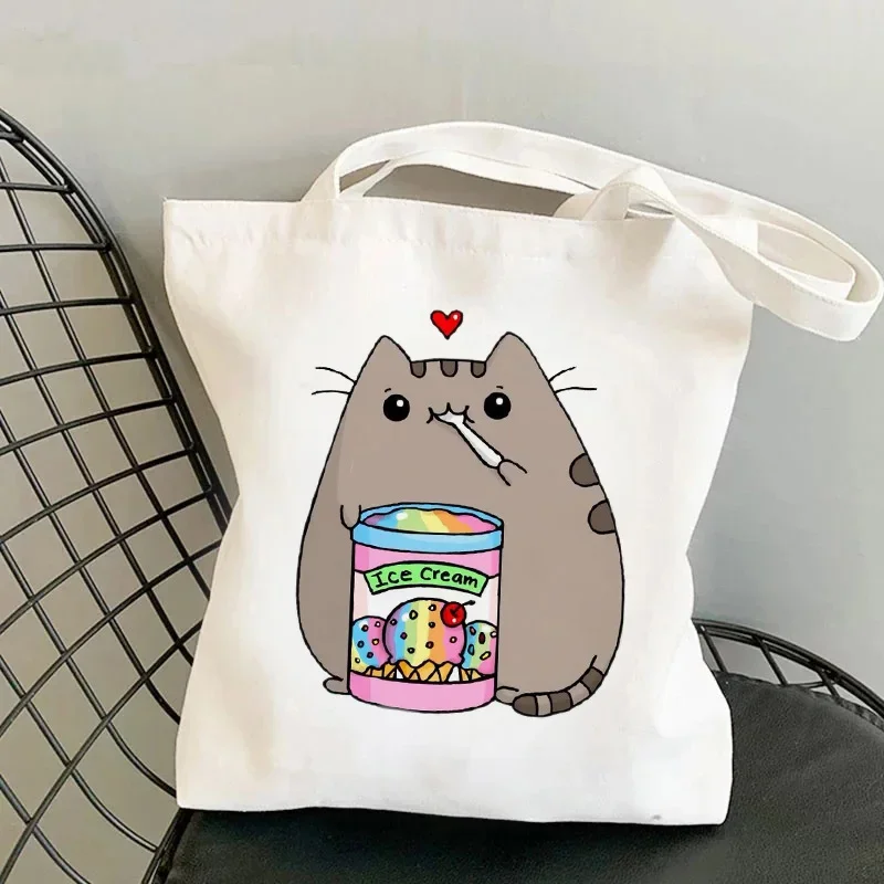Funny Cat Meme Tote Bags for Women Resuable Shopping Bag Polyester Eco Large-capacity Shopper Bag Boys and Girls Student Bolsa