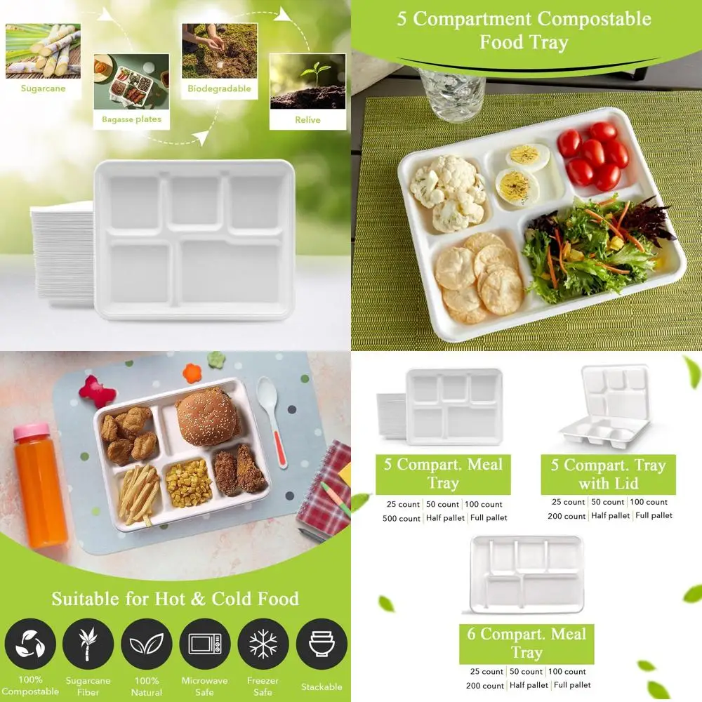 

5-Compartment Eco-Friendly Disposable Bagasse Plates, 500 Count, Super Strong, Biodegradable, Natural for School Meals