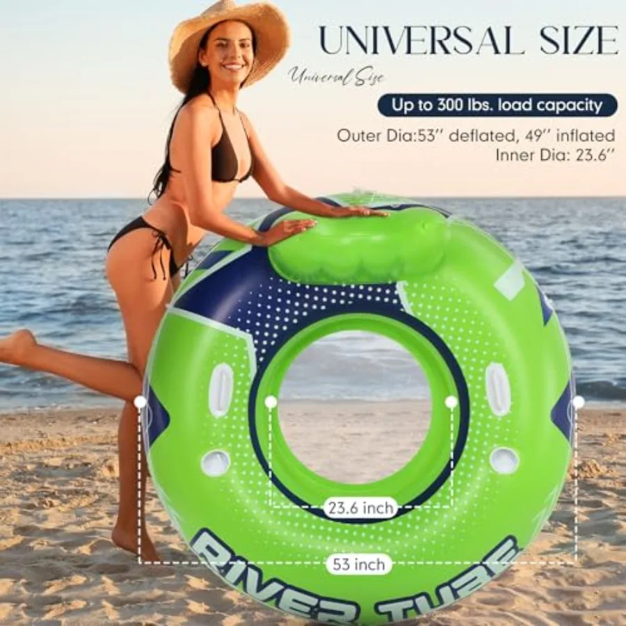 River tubing heavy-duty PVC green 53-inch inflatable float with mesh backrest 2 cup holders handles 300lb capacity