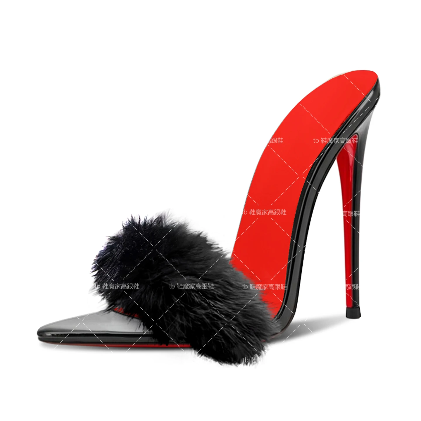 

Pink plush open-toe slipper party, 13cm fur snake-pattern stiletto heels, red sole high heels, pointed sexy and elegant slippers