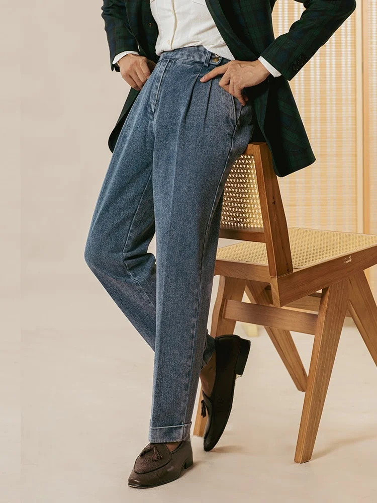 Casual hoge taille herenjeans met rechte pijpen Herfst Winter Busin Gentleman lange broek Napels Jeugd Drapey pakbroek