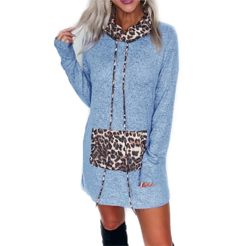 

Ladies' Autumn And Winter Leopard Print High Neck Lace Up Pocket Splicing Long Sleeved Sweater Dress Pile Collar A-line Skirt