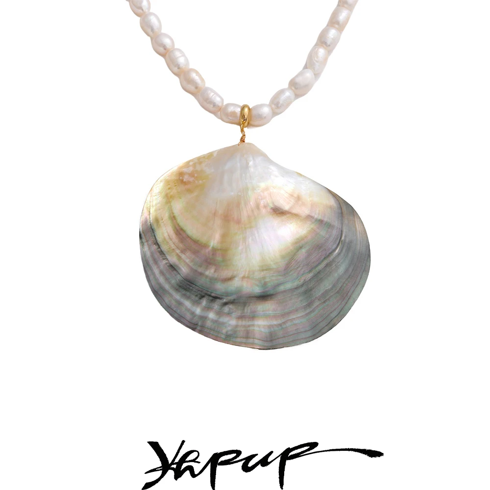 Yhpup Expensive Big Shell Pendant Necklace High-Grade Luxury Freshwater Pearls Handmade Chain Fashion Jewelry Gift